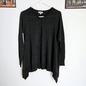 Joseph A. Glittery Silver & Black Long Sleeved Shark Bite Hem V-Neck Sweater Top